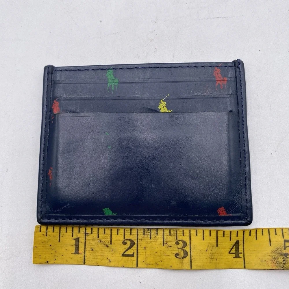 Polo Ralph Lauren Blue Leather Wallet Slim Card Case Pony Logo Print $75 VGC‎